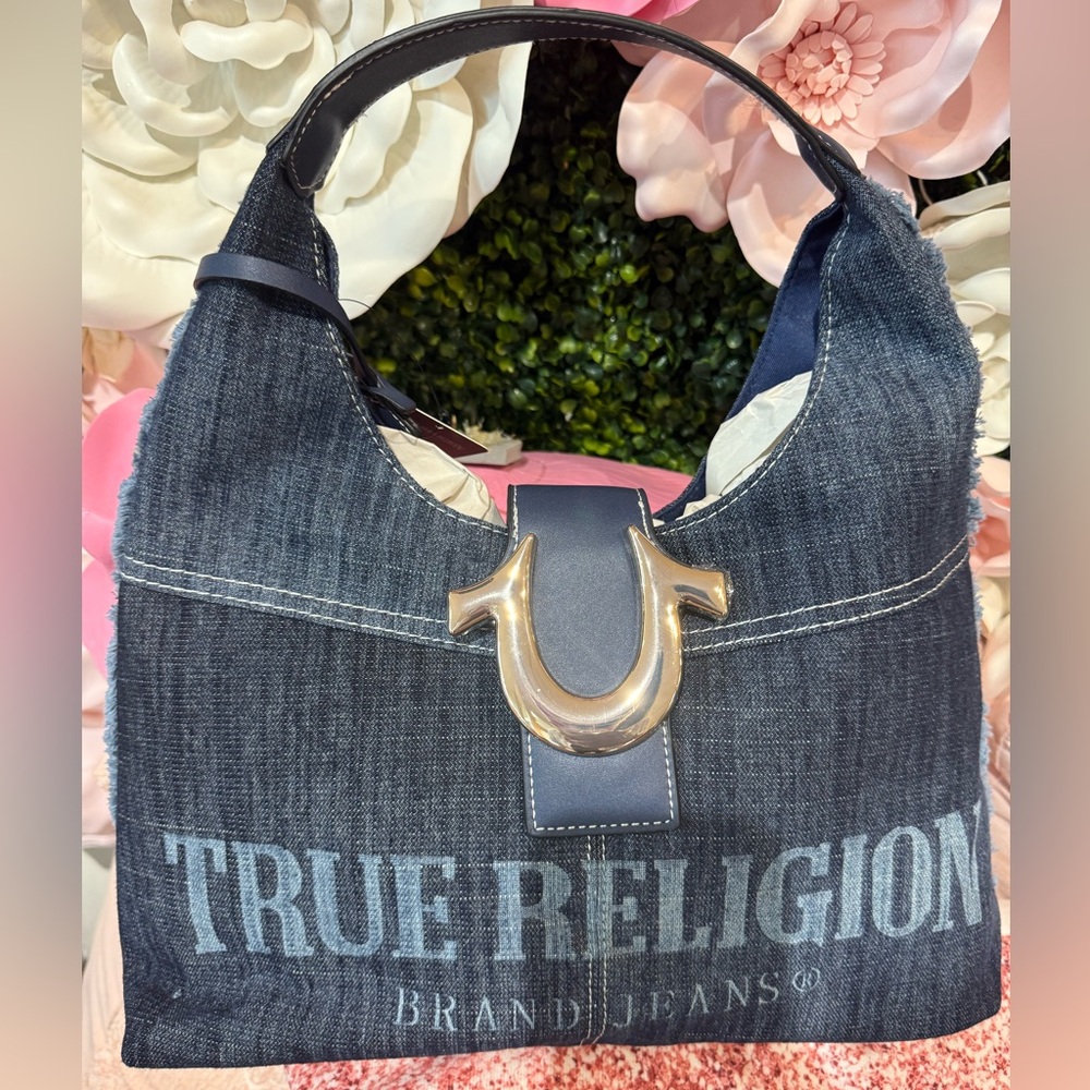 True Religion Black and Gold Hobo Bag with Signature Style